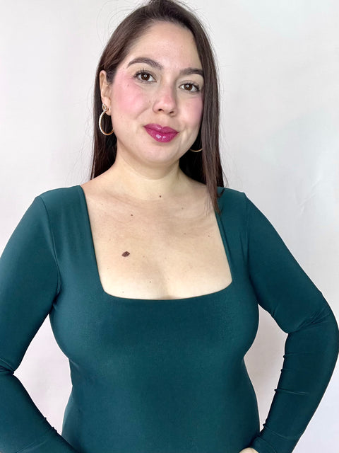 Body Doble Escote Cuadrado Manga Larga Verde Petróleo
