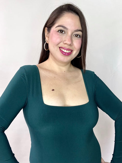 Body Doble Escote Cuadrado Manga Larga Verde Petróleo