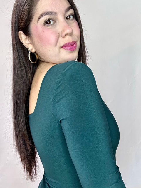 Body Doble Escote Cuadrado Manga Larga Verde Petróleo