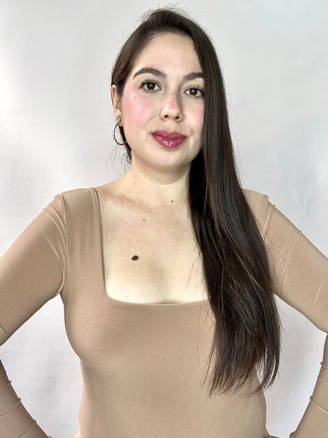 Body Doble Escote Cuadrado Manga Larga Beige