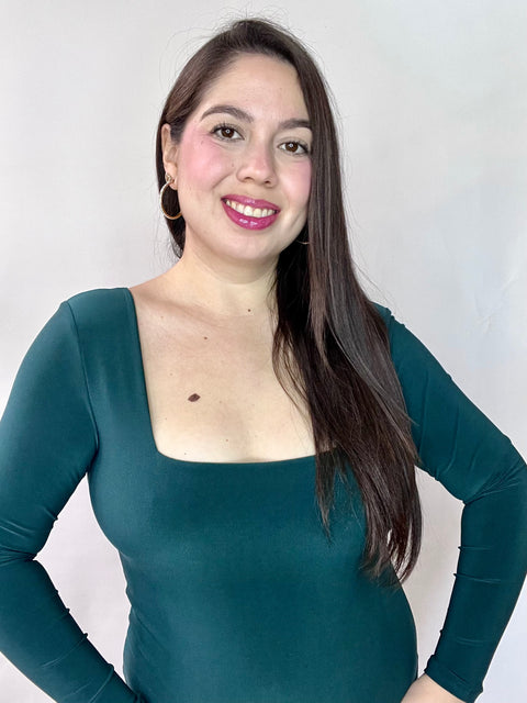 Body Doble Escote Cuadrado Manga Larga Verde Petróleo
