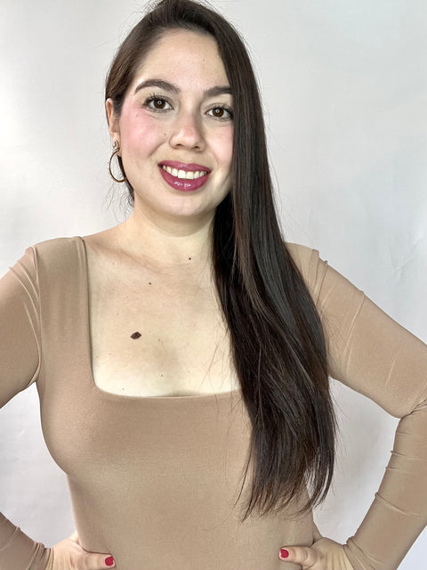 Body Doble Escote Cuadrado Manga Larga Beige
