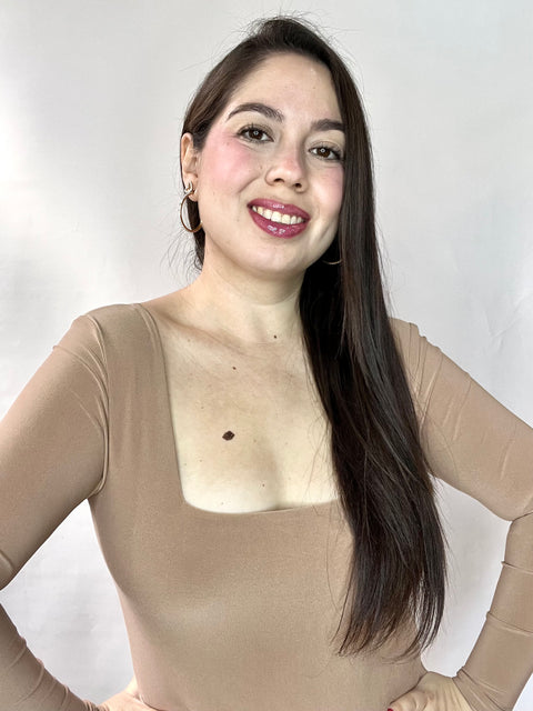 Body Doble Escote Cuadrado Manga Larga Beige