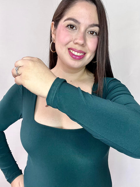 Body Doble Escote Cuadrado Manga Larga Verde Petróleo