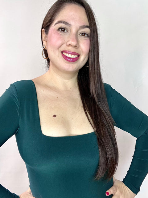 Body Doble Escote Cuadrado Manga Larga Verde Petróleo