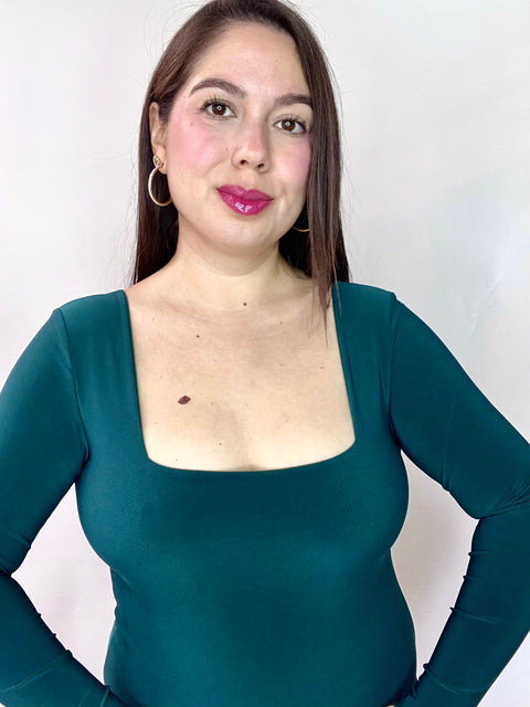 Body Doble Escote Cuadrado Manga Larga Verde Petróleo