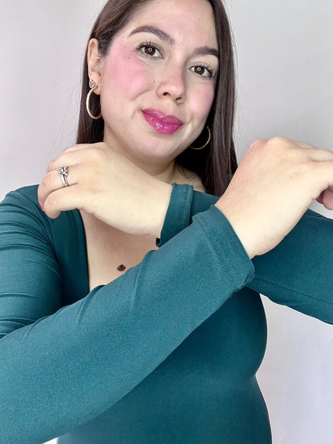 Body Doble Escote Cuadrado Manga Larga Verde Petróleo