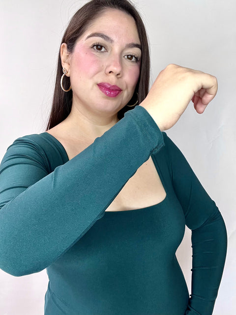 Body Doble Escote Cuadrado Manga Larga Verde Petróleo