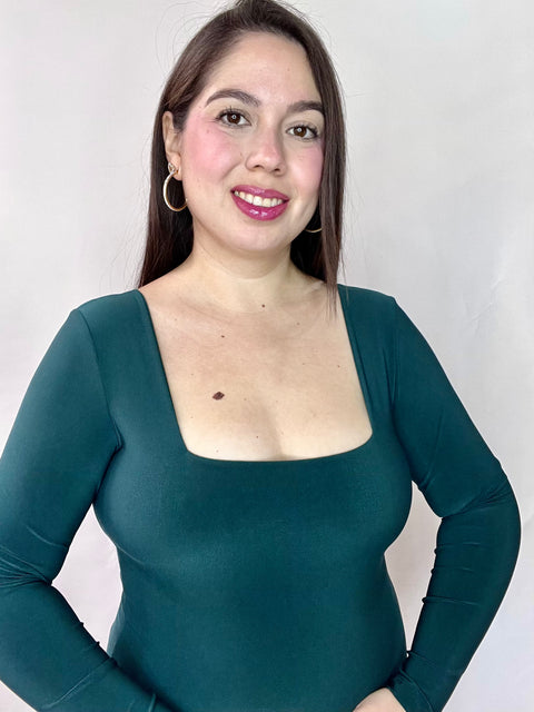 Body Doble Escote Cuadrado Manga Larga Verde Petróleo